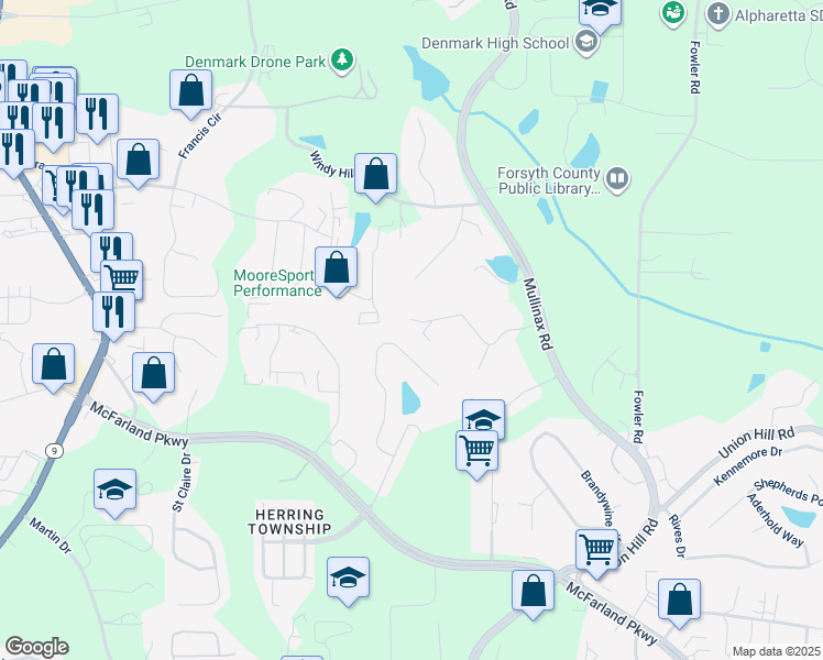 map of restaurants, bars, coffee shops, grocery stores, and more near 340 Cumorah Trail in Alpharetta