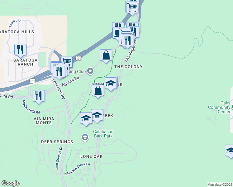 map of restaurants, bars, coffee shops, grocery stores, and more near 4240 Las Virgenes Road in Calabasas