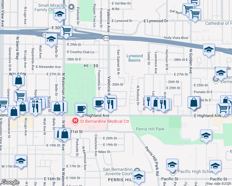map of restaurants, bars, coffee shops, grocery stores, and more near 727 East Norbert Drive in San Bernardino