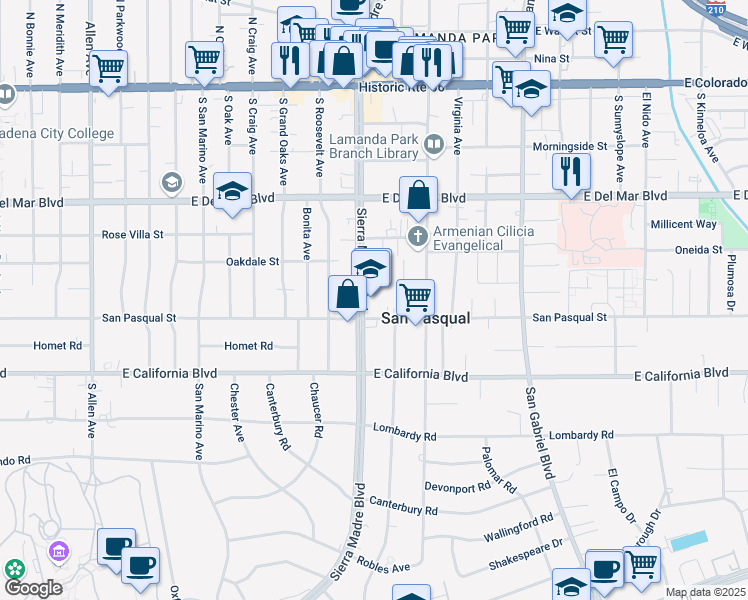 map of restaurants, bars, coffee shops, grocery stores, and more near 444 South Sierra Madre Boulevard in Pasadena