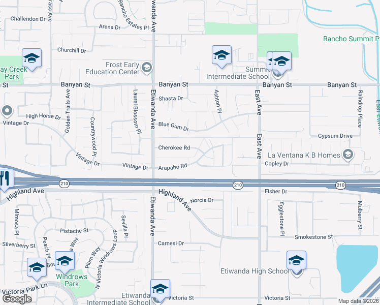 map of restaurants, bars, coffee shops, grocery stores, and more near 13029 Cherokee Rd in Rancho Cucamonga