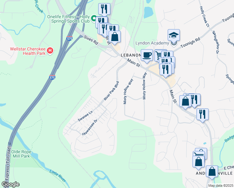 map of restaurants, bars, coffee shops, grocery stores, and more near 511 Ridge View Crossing in Woodstock