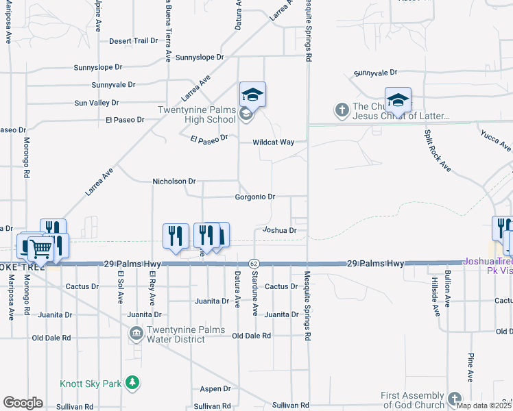 map of restaurants, bars, coffee shops, grocery stores, and more near 72751 Nicholson Drive in Twentynine Palms