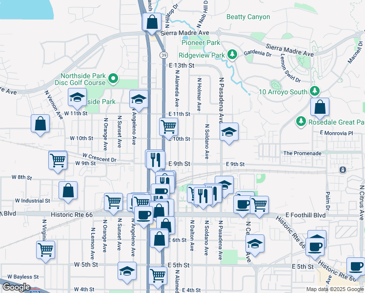 map of restaurants, bars, coffee shops, grocery stores, and more near 932 North Alameda Avenue in Azusa