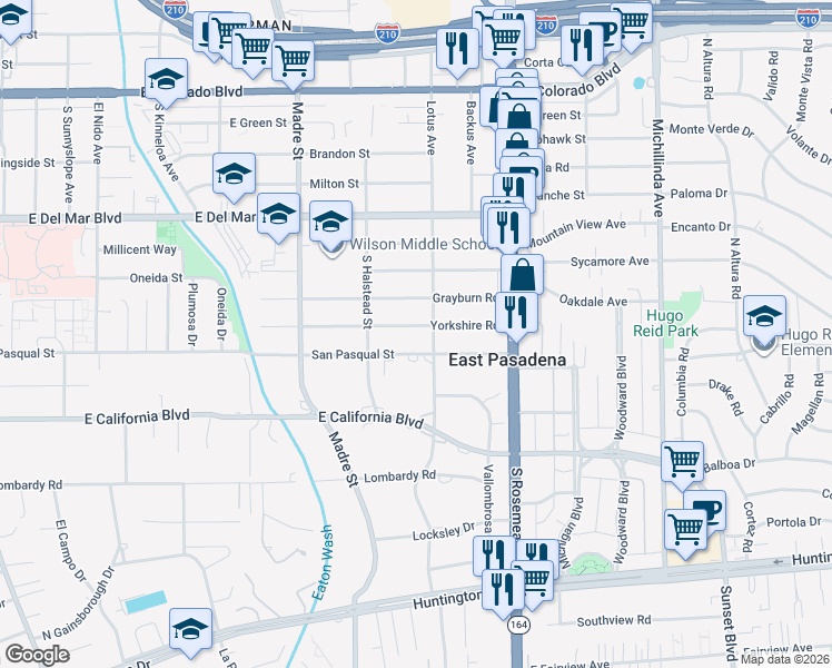 map of restaurants, bars, coffee shops, grocery stores, and more near 3572 Yorkshire Road in Pasadena