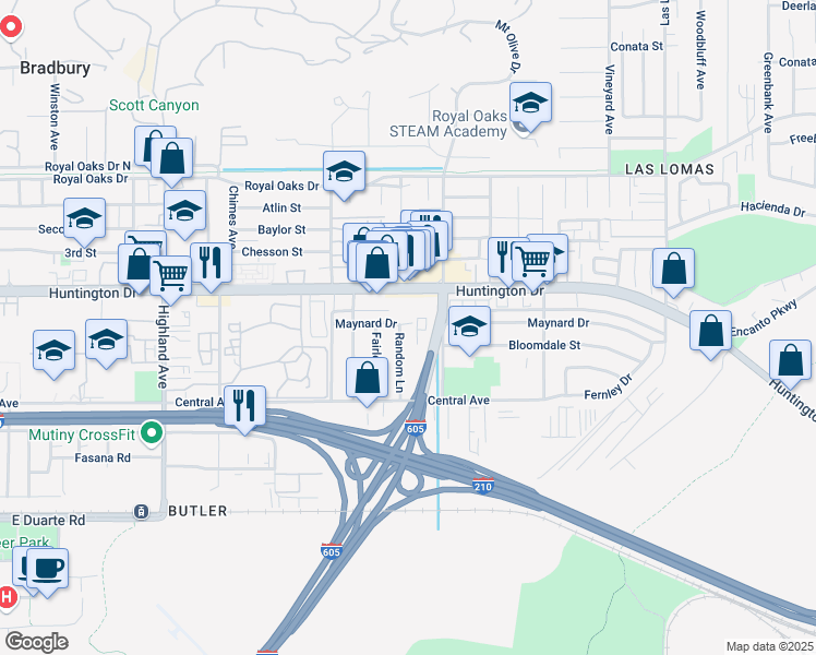 map of restaurants, bars, coffee shops, grocery stores, and more near 1302 Random Lane in Duarte