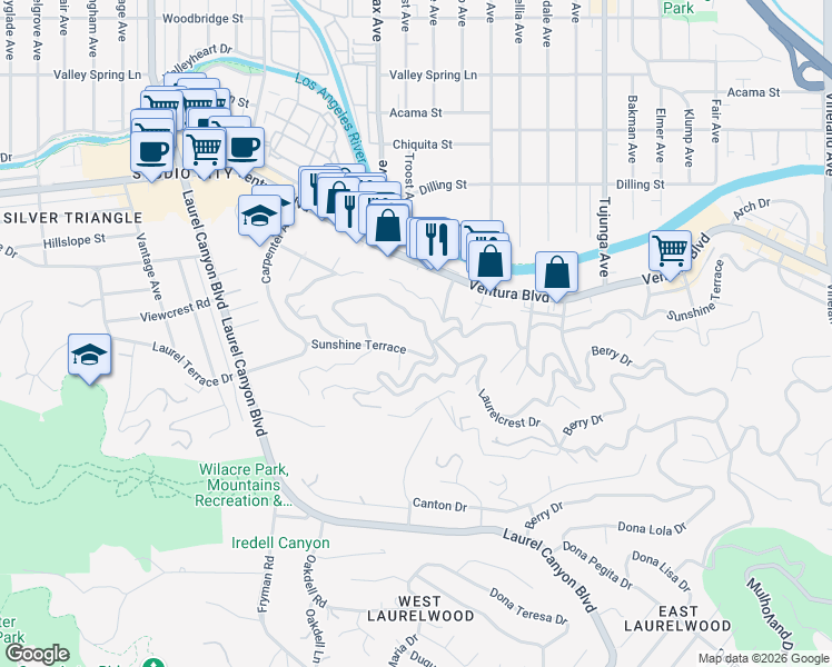 map of restaurants, bars, coffee shops, grocery stores, and more near 11670 Laurelwood Drive in Los Angeles