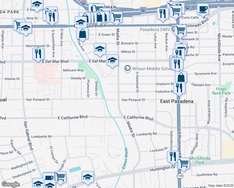 map of restaurants, bars, coffee shops, grocery stores, and more near 3364 Yorkshire Road in Pasadena