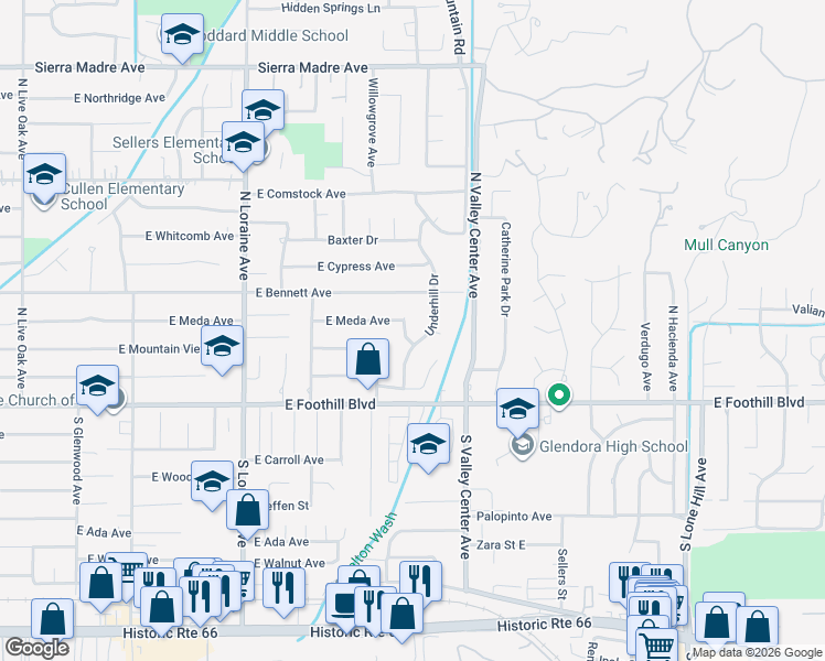 map of restaurants, bars, coffee shops, grocery stores, and more near 224 Encanto Drive in Glendora