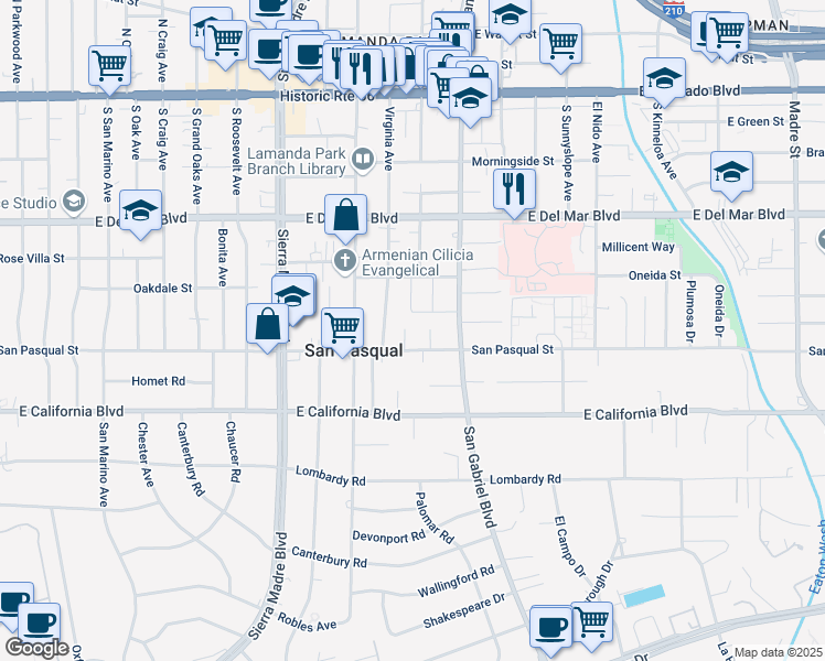 map of restaurants, bars, coffee shops, grocery stores, and more near 434 Northcliff Road in Pasadena