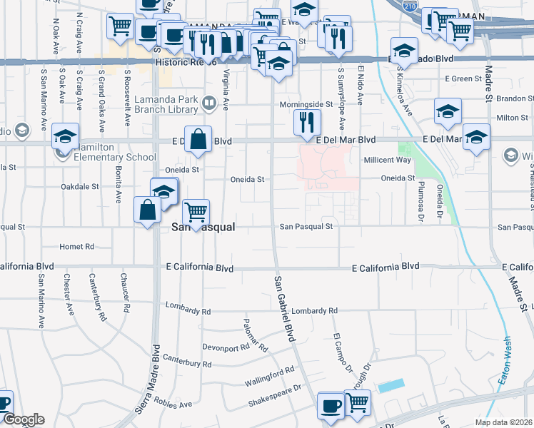 map of restaurants, bars, coffee shops, grocery stores, and more near 435 South San Gabriel Boulevard in Pasadena