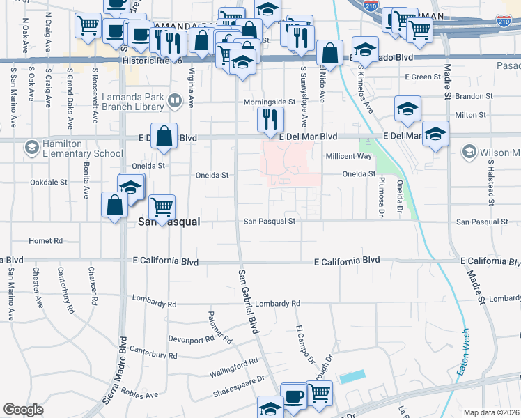 map of restaurants, bars, coffee shops, grocery stores, and more near 2776 Yorkshire Road in Pasadena