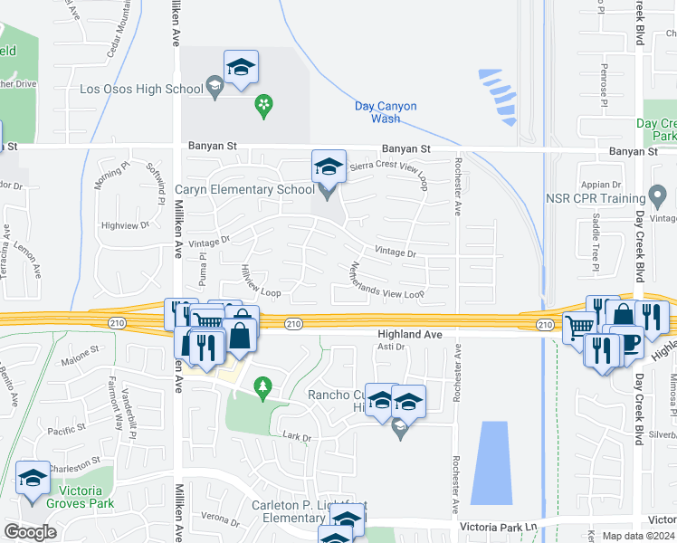 map of restaurants, bars, coffee shops, grocery stores, and more near 11661 Mount Lassen Court in Rancho Cucamonga