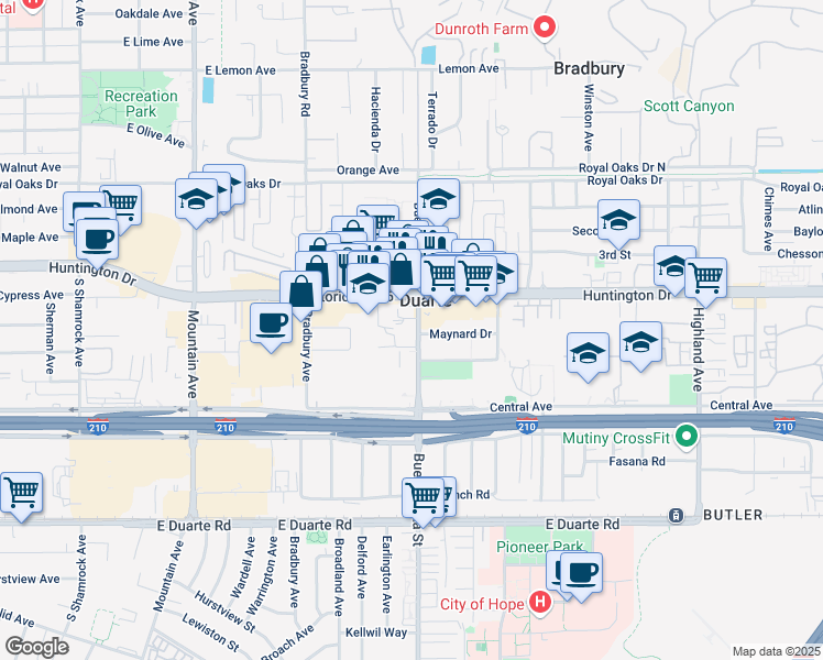 map of restaurants, bars, coffee shops, grocery stores, and more near 1235 Buena Vista Street in Duarte