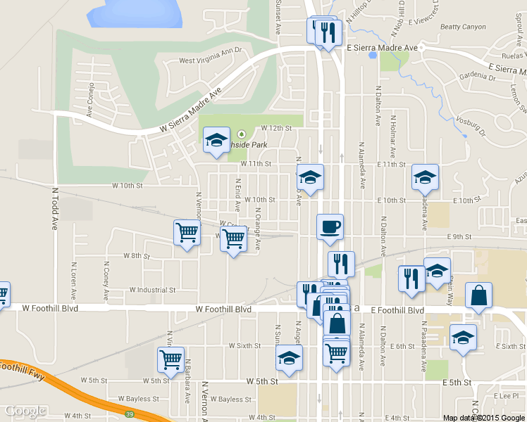 map of restaurants, bars, coffee shops, grocery stores, and more near 932 N Orange Ave in Azusa