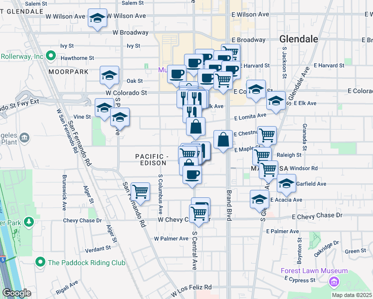 map of restaurants, bars, coffee shops, grocery stores, and more near 324 Riverdale Drive in Glendale