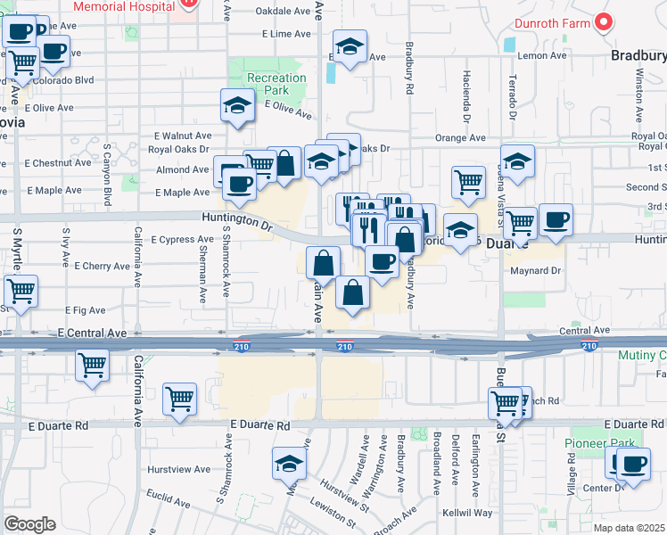 map of restaurants, bars, coffee shops, grocery stores, and more near 1304 Mountain Avenue in Duarte