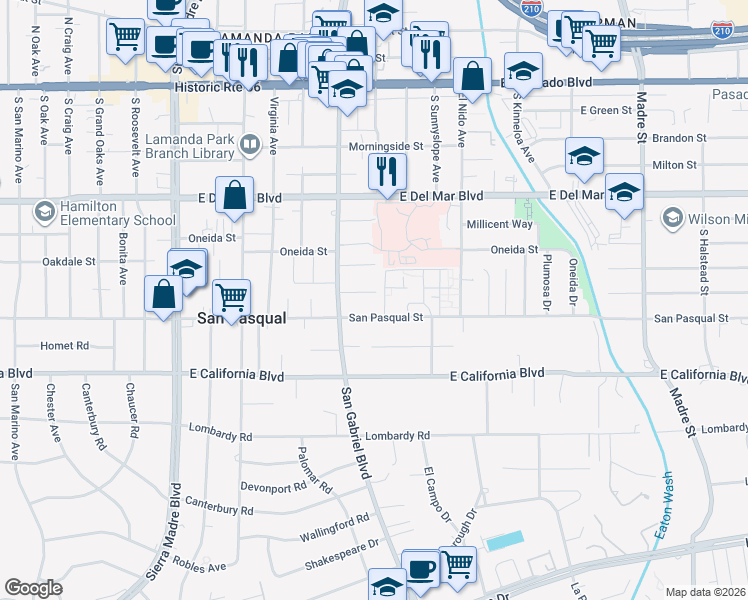 map of restaurants, bars, coffee shops, grocery stores, and more near 2776 Yorkshire Road in Pasadena
