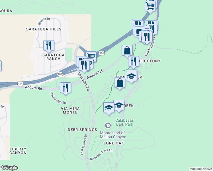map of restaurants, bars, coffee shops, grocery stores, and more near Lost Hills Road in Calabasas