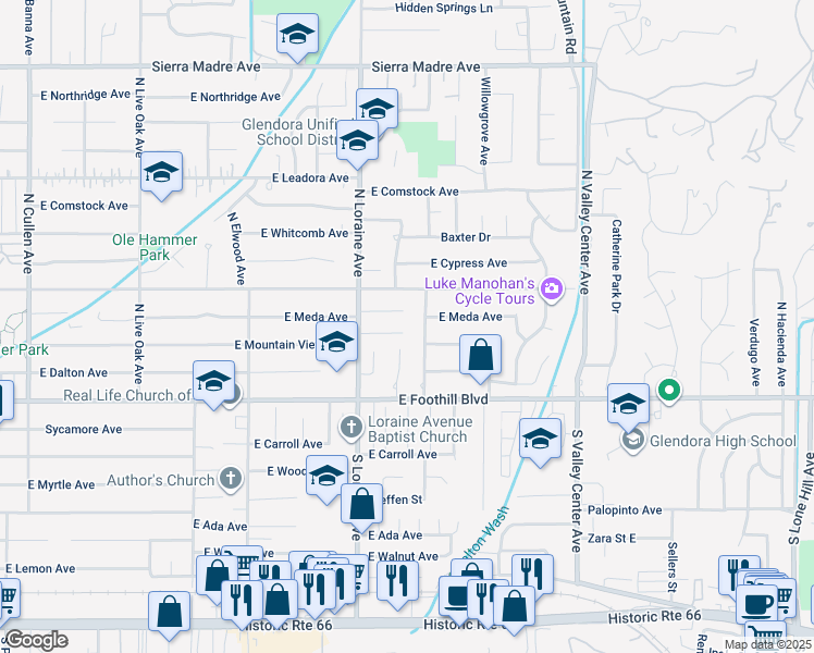 map of restaurants, bars, coffee shops, grocery stores, and more near 1151 East Mountain View Avenue in Glendora
