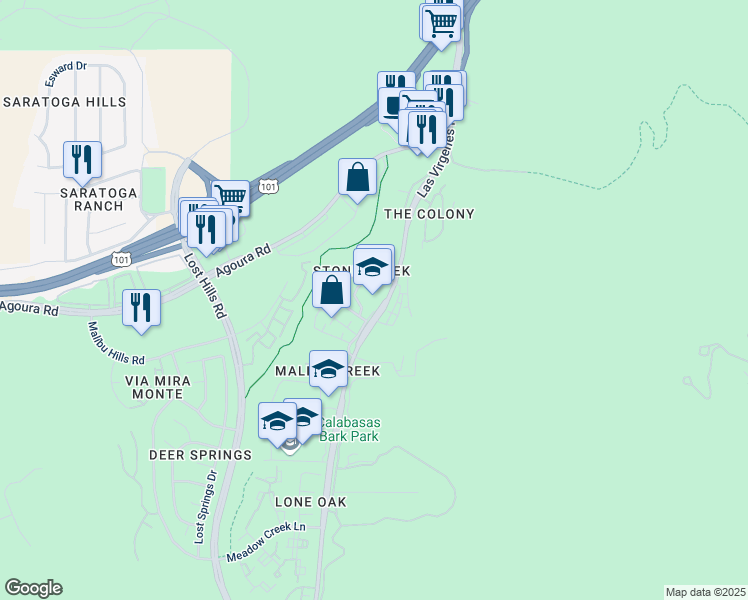 map of restaurants, bars, coffee shops, grocery stores, and more near 4345 Las Virgenes Road in Calabasas
