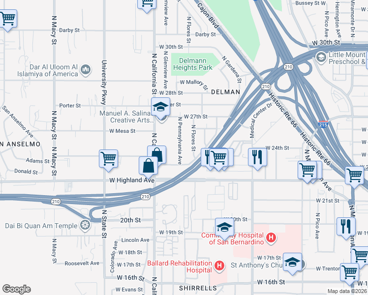 map of restaurants, bars, coffee shops, grocery stores, and more near 2425 North Pennsylvania Avenue in San Bernardino