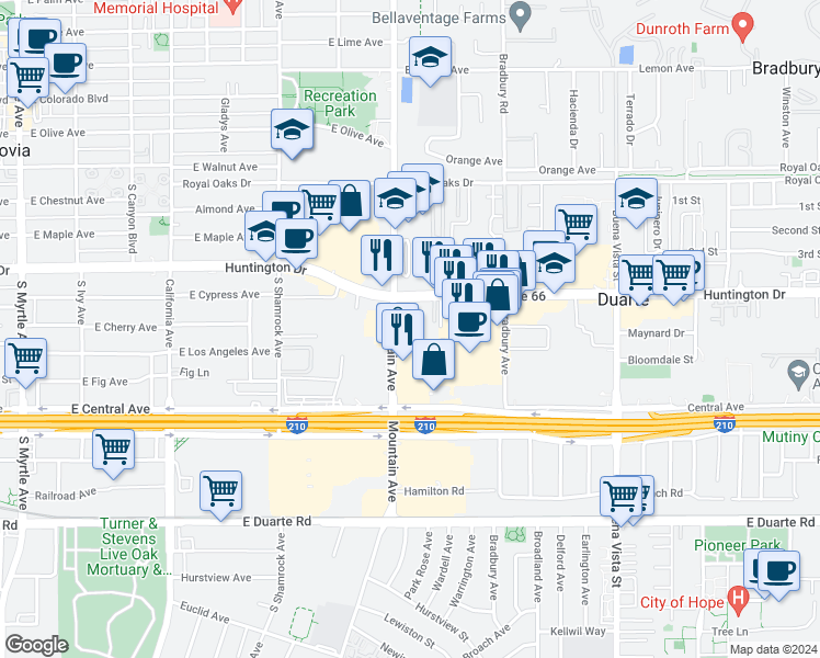 map of restaurants, bars, coffee shops, grocery stores, and more near 1304 Mountain Avenue in Duarte