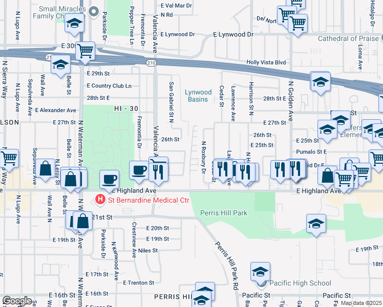 map of restaurants, bars, coffee shops, grocery stores, and more near 771 East Norbert Drive in San Bernardino