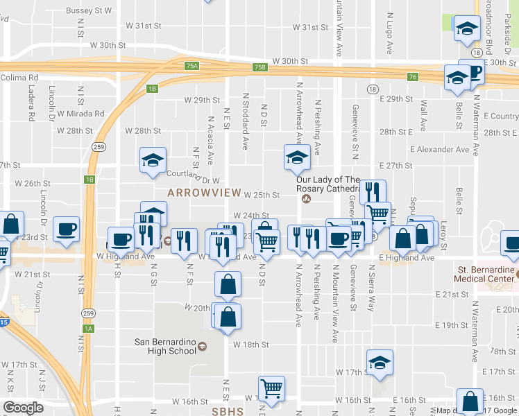 map of restaurants, bars, coffee shops, grocery stores, and more near 428 West 24th Street in San Bernardino