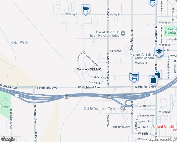 map of restaurants, bars, coffee shops, grocery stores, and more near 2405 North San Carlo Avenue in San Bernardino