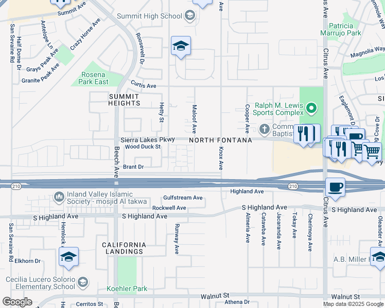 map of restaurants, bars, coffee shops, grocery stores, and more near 6362 Maloof Avenue in Fontana