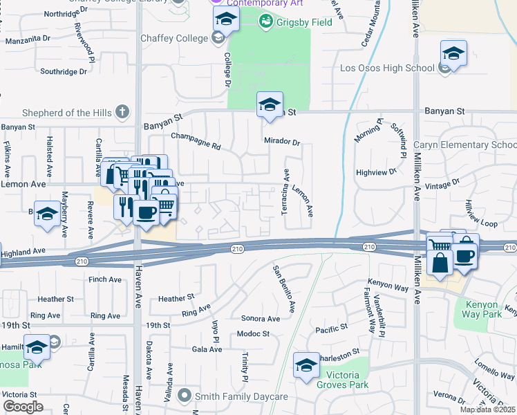 map of restaurants, bars, coffee shops, grocery stores, and more near 10801 Lemon Avenue in Rancho Cucamonga