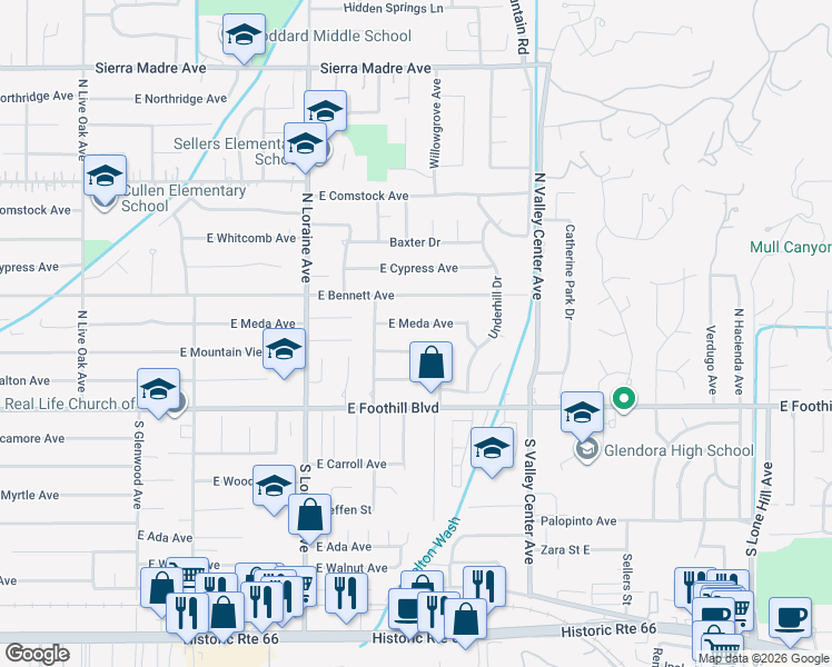 map of restaurants, bars, coffee shops, grocery stores, and more near 1312 East Meda Avenue in Glendora