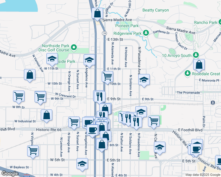 map of restaurants, bars, coffee shops, grocery stores, and more near 932 North Alameda Avenue in Azusa