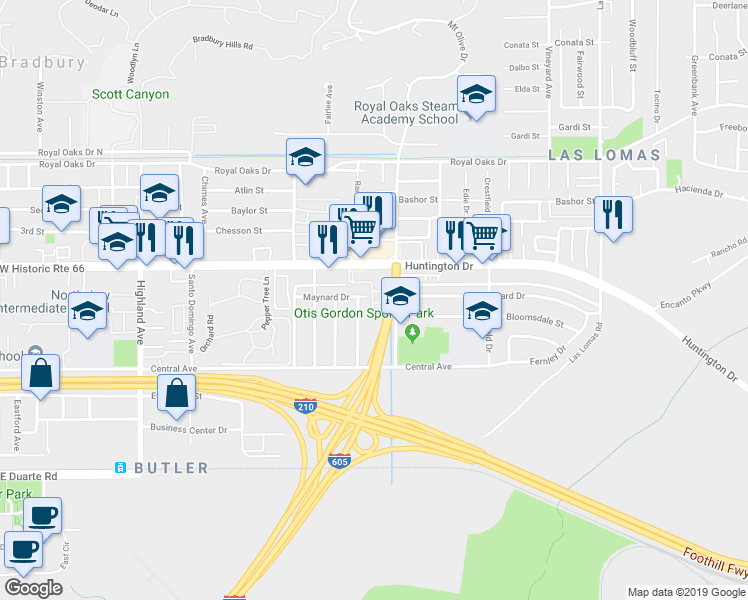 map of restaurants, bars, coffee shops, grocery stores, and more near 1302 Random Lane in Duarte