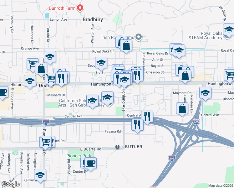 map of restaurants, bars, coffee shops, grocery stores, and more near 1235 Highland Avenue in Duarte