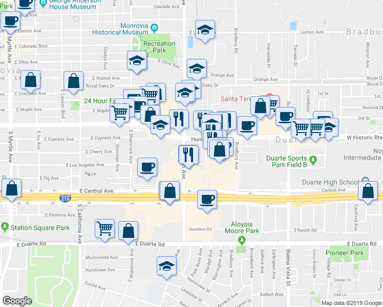 map of restaurants, bars, coffee shops, grocery stores, and more near 1304 Mountain Avenue in Duarte
