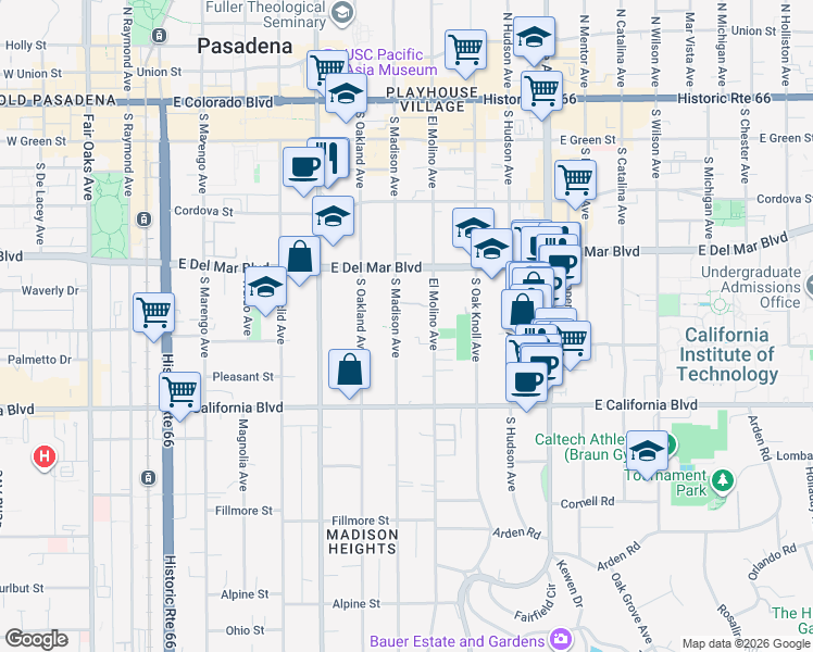 map of restaurants, bars, coffee shops, grocery stores, and more near 427 South Madison Avenue in Pasadena