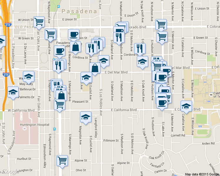 map of restaurants, bars, coffee shops, grocery stores, and more near 425 South Oakland Avenue in Pasadena