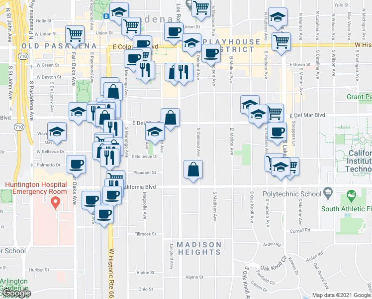 map of restaurants, bars, coffee shops, grocery stores, and more near 425 South Los Robles Avenue in Pasadena