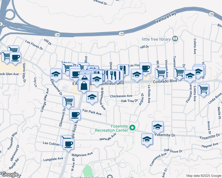 map of restaurants, bars, coffee shops, grocery stores, and more near 5080 Shearin Avenue in Los Angeles