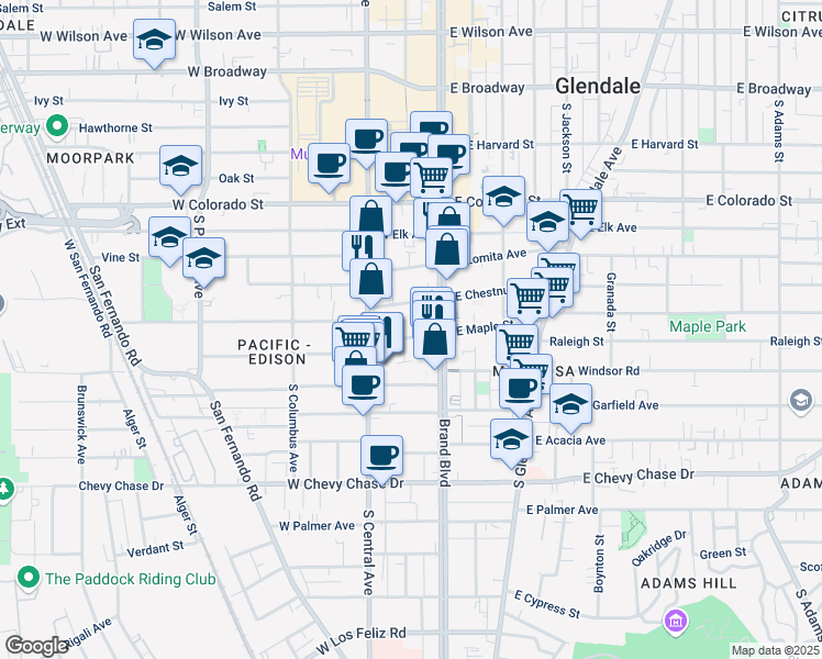map of restaurants, bars, coffee shops, grocery stores, and more near in Glendale
