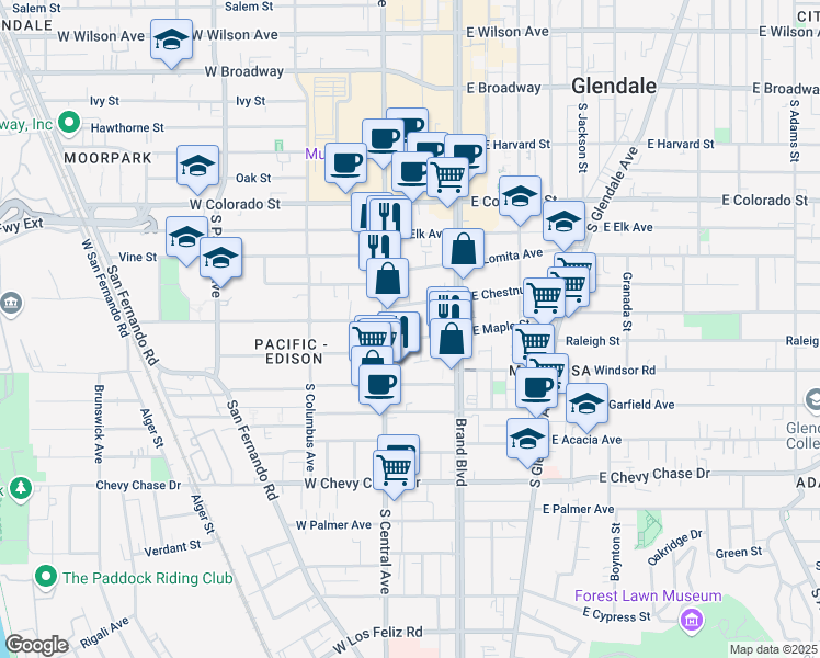 map of restaurants, bars, coffee shops, grocery stores, and more near 209 West Maple Street in Glendale