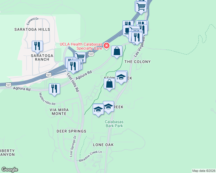 map of restaurants, bars, coffee shops, grocery stores, and more near 1333 Lost Hills Road in Calabasas