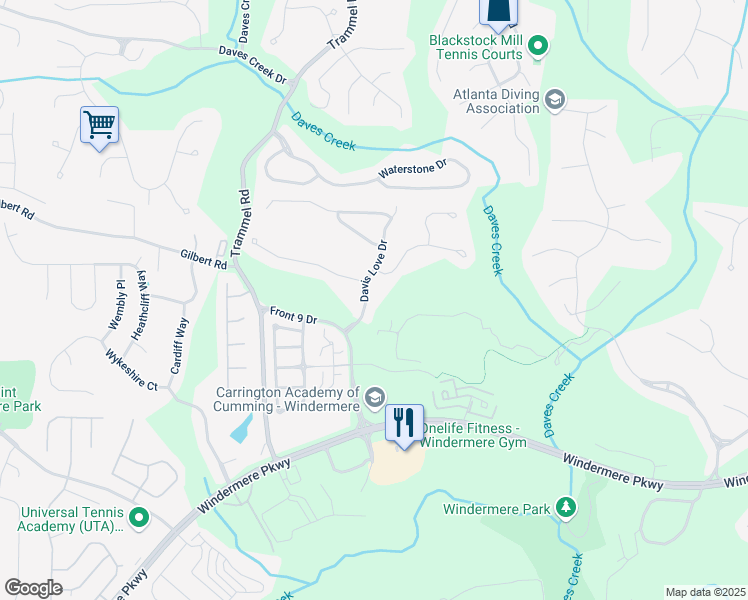 map of restaurants, bars, coffee shops, grocery stores, and more near 5106 Davis Love Drive in Cumming