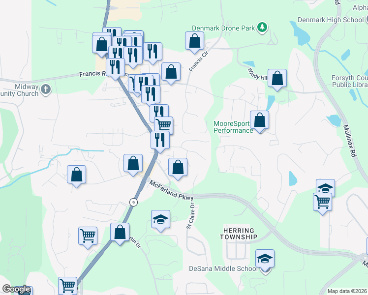 map of restaurants, bars, coffee shops, grocery stores, and more near 6010 Apple Rose Drive in Alpharetta