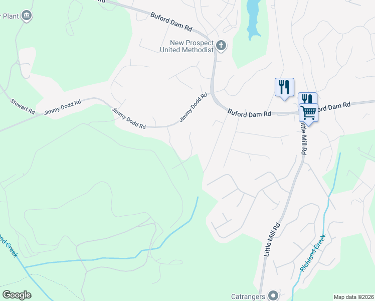 map of restaurants, bars, coffee shops, grocery stores, and more near 3860 Maple Wood Trail in Buford