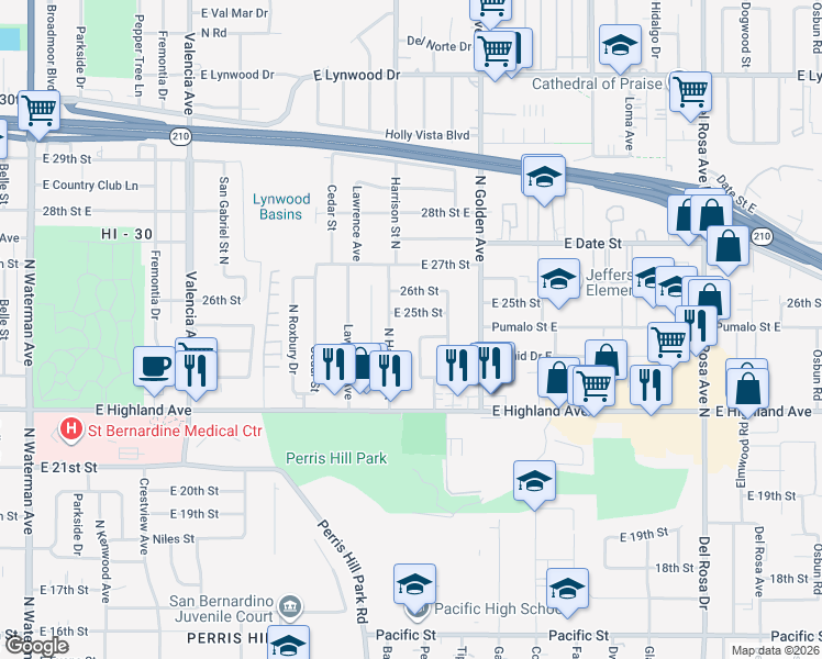 map of restaurants, bars, coffee shops, grocery stores, and more near 1126 East 24th Street in San Bernardino
