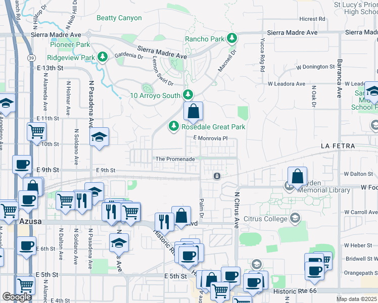 map of restaurants, bars, coffee shops, grocery stores, and more near 955 North Sweetbriar Lane in Azusa
