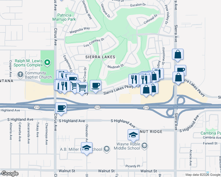 map of restaurants, bars, coffee shops, grocery stores, and more near 16467 El Revino Drive in Fontana